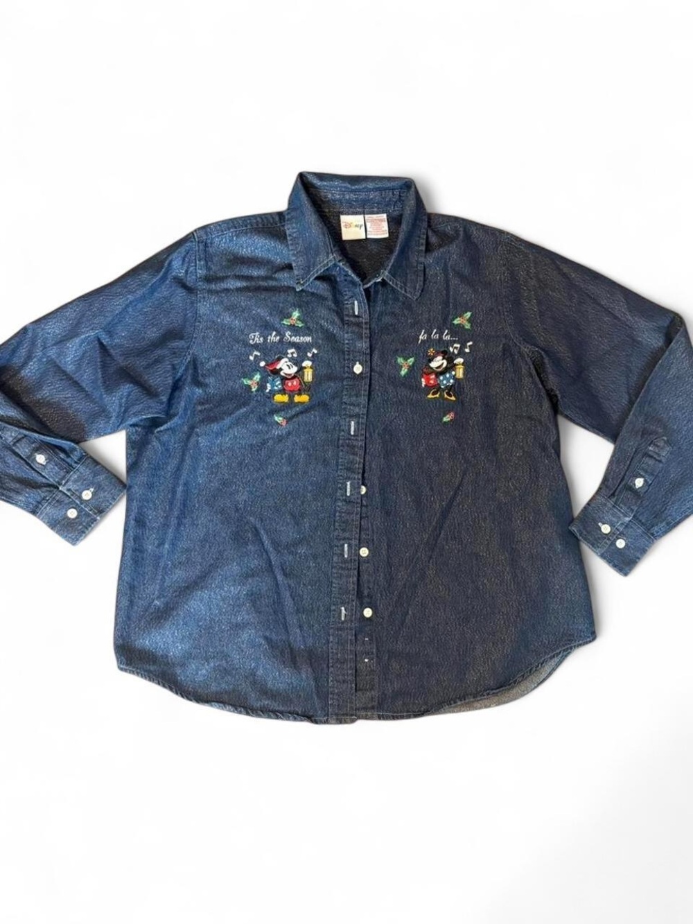Vintage Christmas Mickey Mouse Embroidered Denim Button-Up Shirt - Dark Blue, L